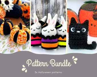 Halloween, fall amigurumi crochet PATTERNS - 3 PATTERN BUNDLE - pumpkins, witch bunny, black cat - fall decor