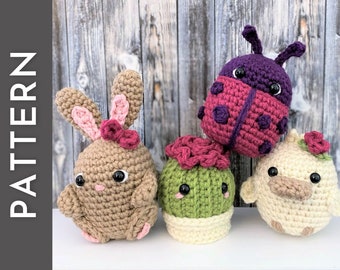 Spring Beans PATTERN - crochet PDF pattern - cute bunny + duck + ladybug + cactus amigurumi