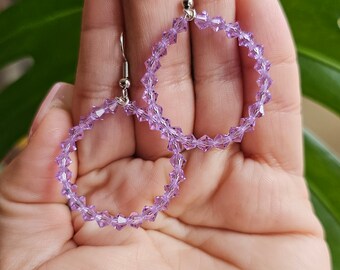 Czech Glass Lavender Beaded Hoop Earrings