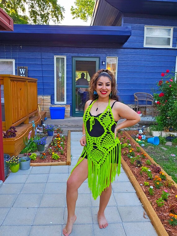 Neon green crochet dress sales