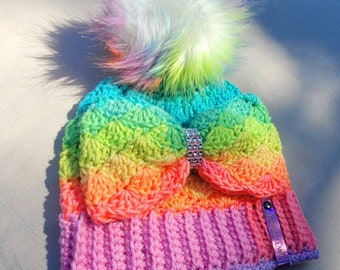 Mermaid Shells Crochet Hat with Pom and Bow Made to Order