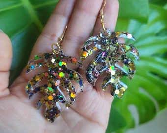 Epoxy Resin Monstera Black, Green and Gold Glitter Leaf Earrings