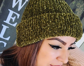 Crushed Velvet Gold Glitter Knit Beanie Ready to Ship Today