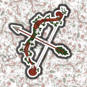 May include: A sticker featuring a brown bow and arrow design. The bow is adorned with green vines and white flowers. The arrow is gray with a green fletching. The background is a pattern of bows and arrows.