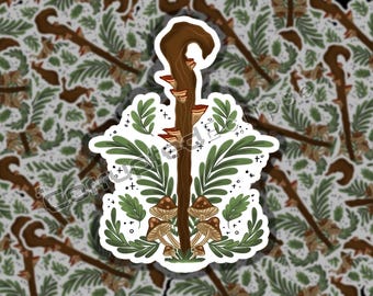 Druid, Dungeons and Dragons Class Sticker - Staff, Mushrooms, Ferns, Cottagecore, Forestcore, Goblincore, Nature, Magic