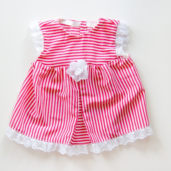 Vintage Baby Girl Red Striped Dress with Lace