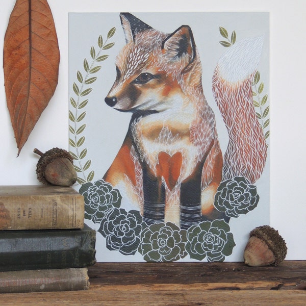SALE Fox Kit in Succulent Patch 8"x10" Illustration