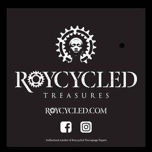 May include: Black and white logo for Roycycled Treasures, a company that sells decoupage papers. The logo features a stylised face with a bicycle chain as a halo. The text "Roycycled Treasures" and "roycycled.com" are also included in the logo. Social media icons for Facebook and Instagram are included below the website address. The text "Authorised retailer of Roycycled Decoupage Papers" is at the bottom of the logo.