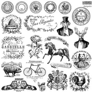 May include: A collection of vintage black and white illustrations featuring various designs, including a rooster, a horse, a deer, a pig, a cat, a bicycle, a rose, and a beehive. The illustrations are surrounded by text in French and English.