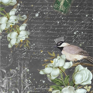 May include: A vintage-inspired digital art print featuring white magnolia flowers, green leaves, and a small bird with a crown on a dark gray background with white script text.