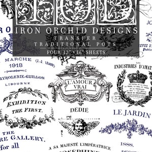 May include: A collection of vintage transfer designs for traditional pots. The designs feature ornate lettering, floral motifs, and romantic phrases like "L'Amour Vrai" and "Dedié". The designs are printed on 12x16 inch sheets.