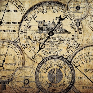 May include: A collage of vintage industrial pressure gauges and manometers on a sepia-toned background. The gauges feature black needles, numerical scales, and text including "American Steam Gauge Co.", "Schaeffer & Budenberg", and "Buckau-Magdeburg".