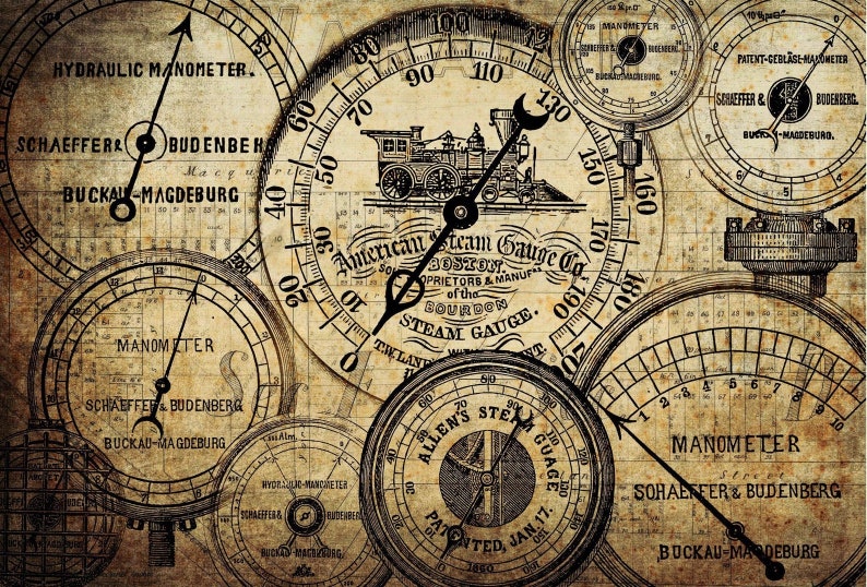 May include: A collage of vintage industrial pressure gauges and manometers on a sepia-toned background. The gauges feature black needles, numerical scales, and text including "American Steam Gauge Co.", "Schaeffer & Budenberg", and "Buckau-Magdeburg".