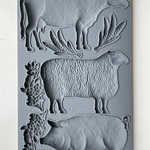 Iron Orchid Designs Village Market 6X10 Décor Mould™, IOD Village Market Mould, Clay/Wax/Food/Silicone Mould, IOD Cow/Sheep/Pig Mould