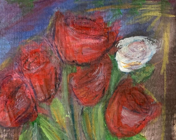Featured listing image: Midnight Roses Still Life Acrylic Painting | Original Postcard-sized Art