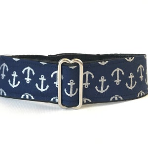 Marina collar (dog collar, greyhound martingale water boats anchor navy blue and white wide handmade collar cotton satin)