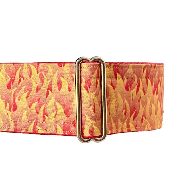 Flames (dog collar, greyhound martingale, fire flame blazing yellow orange red wow elegant handmade wide cotton satin)