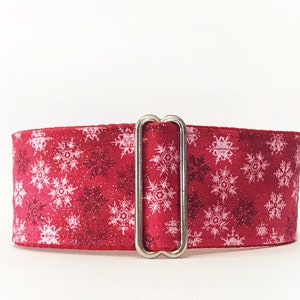 Red Snowflakes martingale collar (dog collar, greyhound martingale, Christmas winter red white  snow vintage cotton satin)
