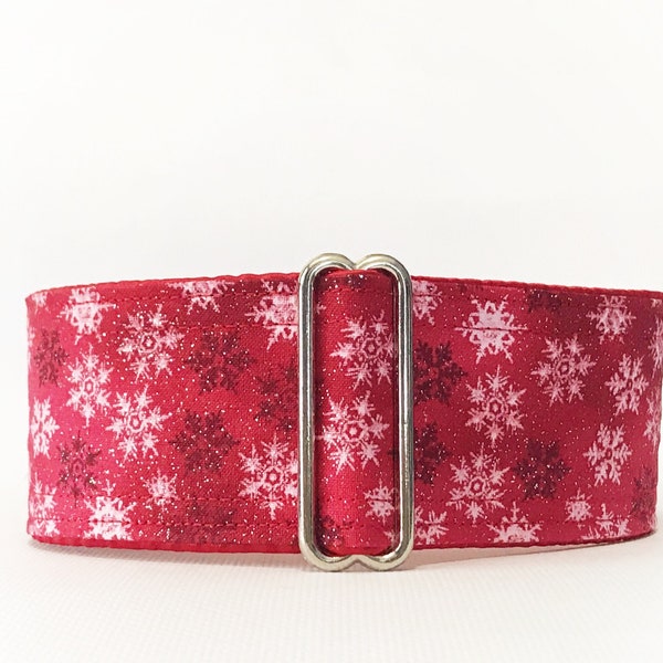 Red Snowflakes martingale collar (dog collar, greyhound martingale, Christmas winter red white  snow vintage cotton satin)