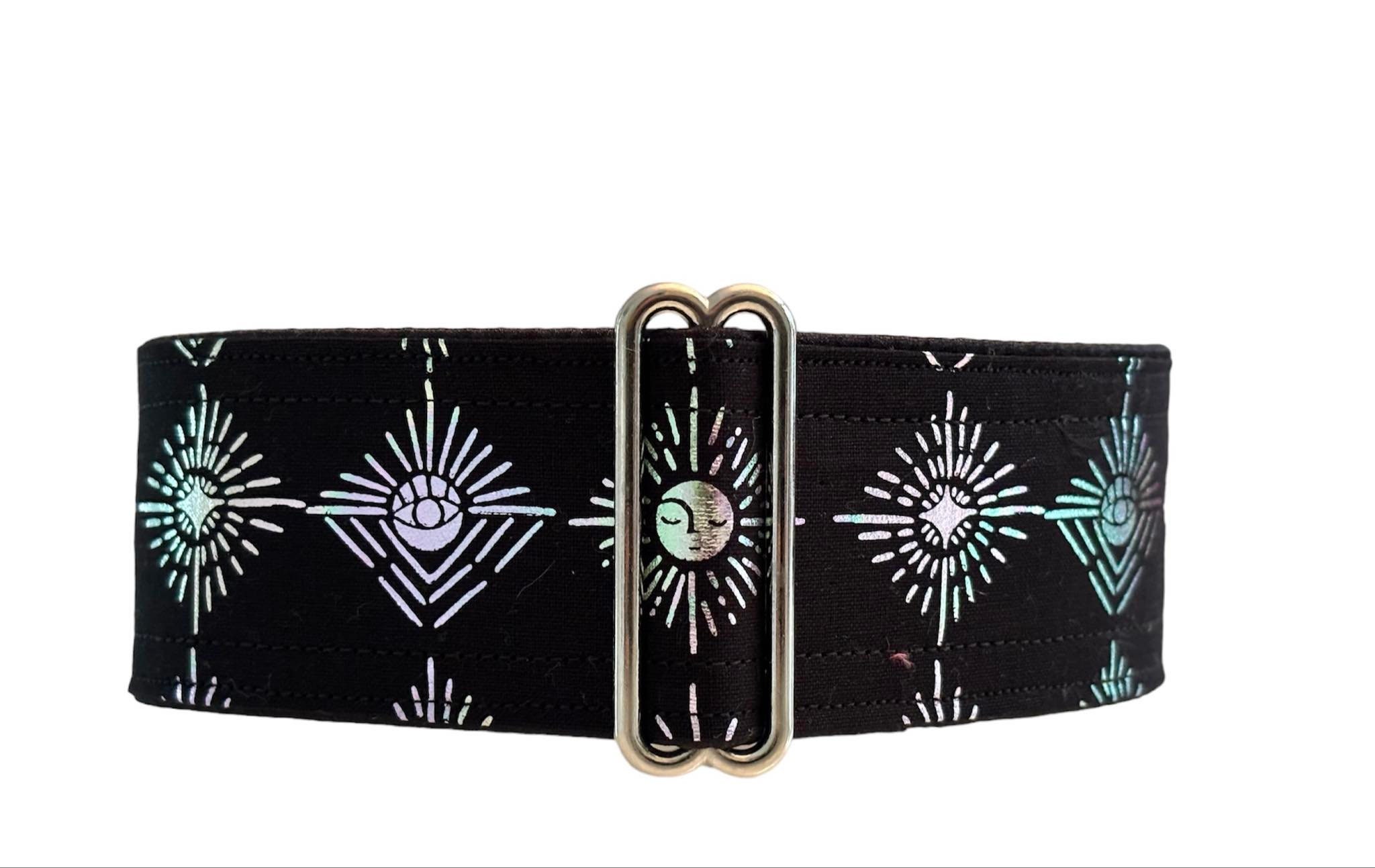 Occult (dog collar, greyhound martingale, tarot protection eye hand metallic colorful handmade wide cotton satin)