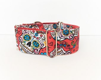 Sugar Skulls martingale collar (dog collar, greyhound martingale, red, skulls bones, celebration fiesta cotton satin)