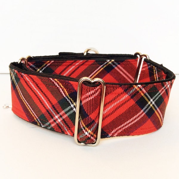 Collier Royal Stewart (collier pour chien, martingale, lévrier,  tartan plaid carreaux rouge écossais coton satin)