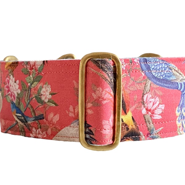 Coral Birds collar (dog collar, greyhound martingale, florals asian birds peacock pheasant elegant handmade wide cotton satin)