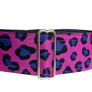 Feline collar (dog collar, greyhound, martingale, cheetah panther wild cat purple magenta animal print  wide handmade cotton satin)