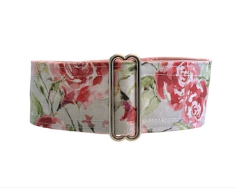 Tiffany (dog collar, greyhound martingale, roses pastel flowers grey elegant handmade wide cotton satin)