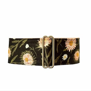 Shasta collar (dog collar, greyhound martingale, Daisy flower Mums black gold summer elegant handmade wide cotton satin)