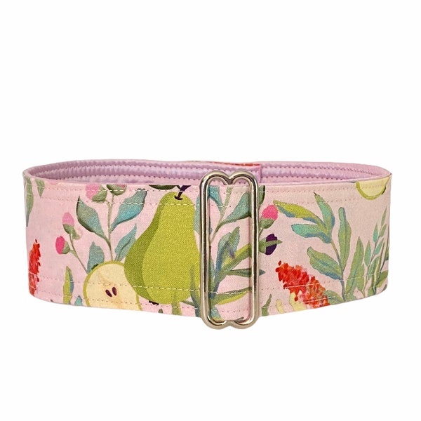 Softness collar (dog collar, greyhound, martingale, pears fruits flower pastel soft pink delicate refined wide handmade cotton satin)