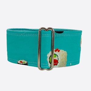 Wasabi collar (dog collar, greyhound martingale,  Sushi, Japanese restaurant turquoise nigiri handmade wide cotton satin)