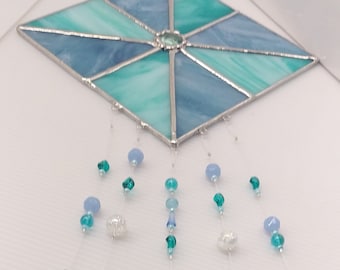 Stained Glass Wind Chimes with Wind Spinner Two Shades of Blue Glass Ready to Hang, Hand Cut Aluminum Chimes and Glass Beads