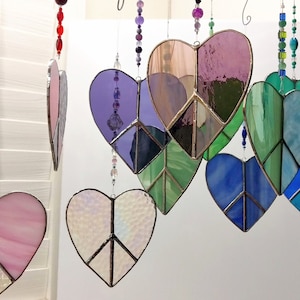 Peace Heart Choice of Colors Stained Glass Pinks, Blues, Greens, Beaded Hanger Hand Crafted Sun catchers Glass Art Xmas Gift