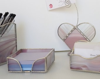 Choose Your Design and Color Business Card Holder, Pen Holder, Note Holder, Photo Holder Amethyst Stained Glass Office Decor Desk Gift!