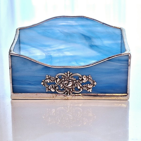 Business Card Holder Blue Stained Glass with Ornate Silver Center Embellishment Hand Made One of a Kind Ready to Ship Gift Office Gift