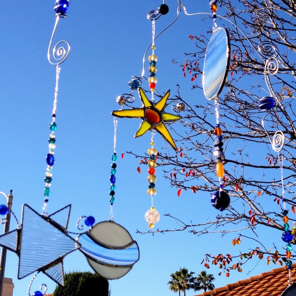 Sun Moon Planets Star Stained Glass Mobile Unique Made to Order Gift Idea Sun Catcher Kinetic Art Patio Window Decor Unique Garden Art