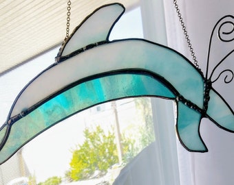 Dolphin Suncatcher Stained Glass with Glass Beads Ready to Hang Made to Order with Choice of Colors Home and Garden Decor