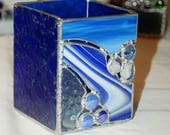 Stained Glass Candle Holder or Vase, Beautiful Blues with White quot Waterfall 2 quot , Handmade and In Stock, great gift idea