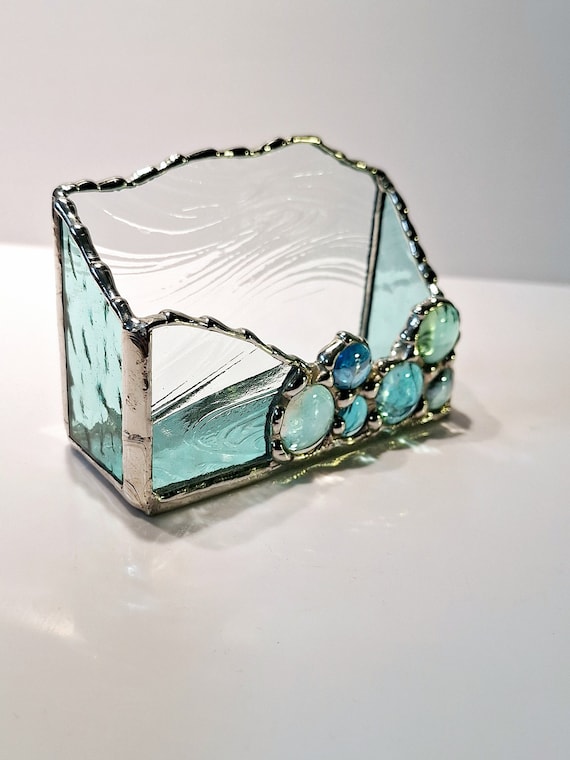 Sea Glass Aqua Color Business Card Holder Clear Textured Stained Glass Choice of Colors Office gift Made to Order Grad Gift for Her new job