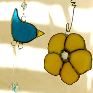 Bird with Flower, Suncatcher Mobile Stained Glass Choice of Colors Made-to-Order for Garden, Sunny Window, Patio, Perfect Housewarming Gift