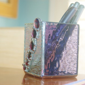 Pen/Pencil Holder in Stained Glass Doubles as a Candle Holder Choice of Colors and Glass &#39;Nugget&#39; Embellishments