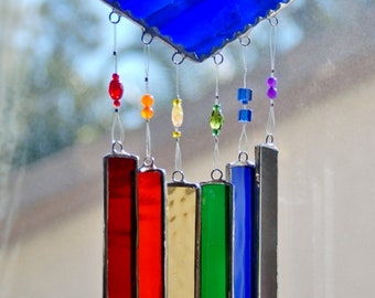 Rainbow Wind Chimes Choice of Colors Stained Glass and Pretty Glass Beads Ball Chain Style Hanger Vibrant Colors Housewarming Gift