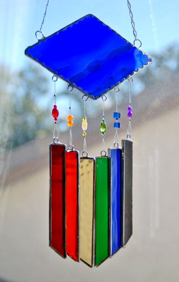 Stained Glass Wind Chimes Lapis Blue with Rainbow of Colors Etsy