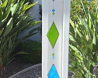 Long Sun Catcher Choice of Colors Purples, Blues, Teal, 24 inch long Stained Glass Beautifully Embellished Glass Beads Hanger Ready to Hang