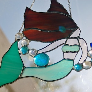 Stained Glass Mermaid, Made to Order, Aqua and Brunette, Ready to Hang with Decorative and Dainty Jewelry Chain, Sun Catcher