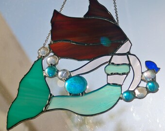 Stained Glass Mermaid, Made to Order, Aqua and Brunette, Ready to Hang with Decorative and Dainty Jewelry Chain, Sun Catcher