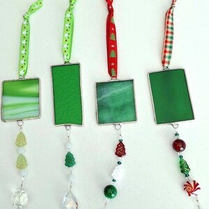 Green Ornament Sun Catcher with Fun Holiday Embellishments, Ribbon Hanger Ornament, Gift Exchange, Annual Keepsake, Ready to Ship Xmas Gift