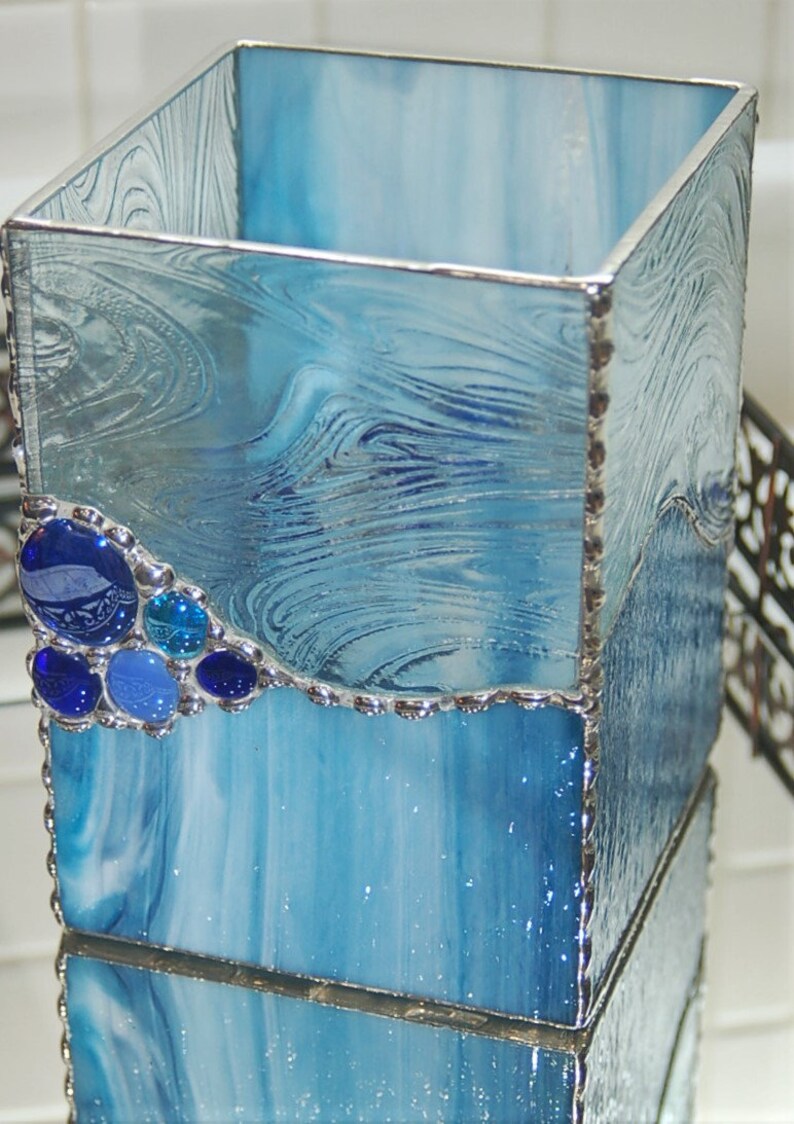 Candle Holder or Vase Soft Blue With Clear Featherytextured Stained