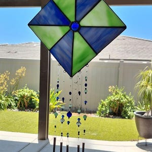 Stained Glass Wind Chimes with Wind Spinner Cobalt Blue and Bright Green Glass Ready to Hang, Hand Cut Aluminum Chimes and Glass Beads